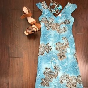 Studio Soleil turquoise, cap sleeve sheath dress.